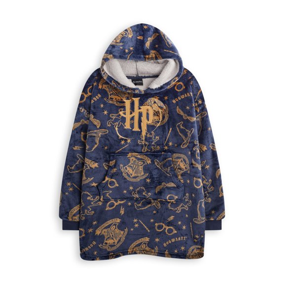 Sudadera con capucha Harry Potter para niñas, azul marino, logo de Hogwarts, forro de sherpa