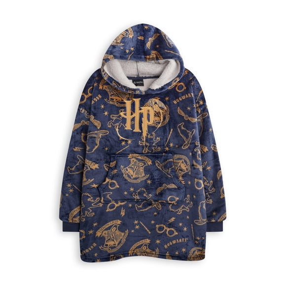 Sudadera con capucha Harry Potter para niñas, azul marino, logo de Hogwarts, forro de sherpa