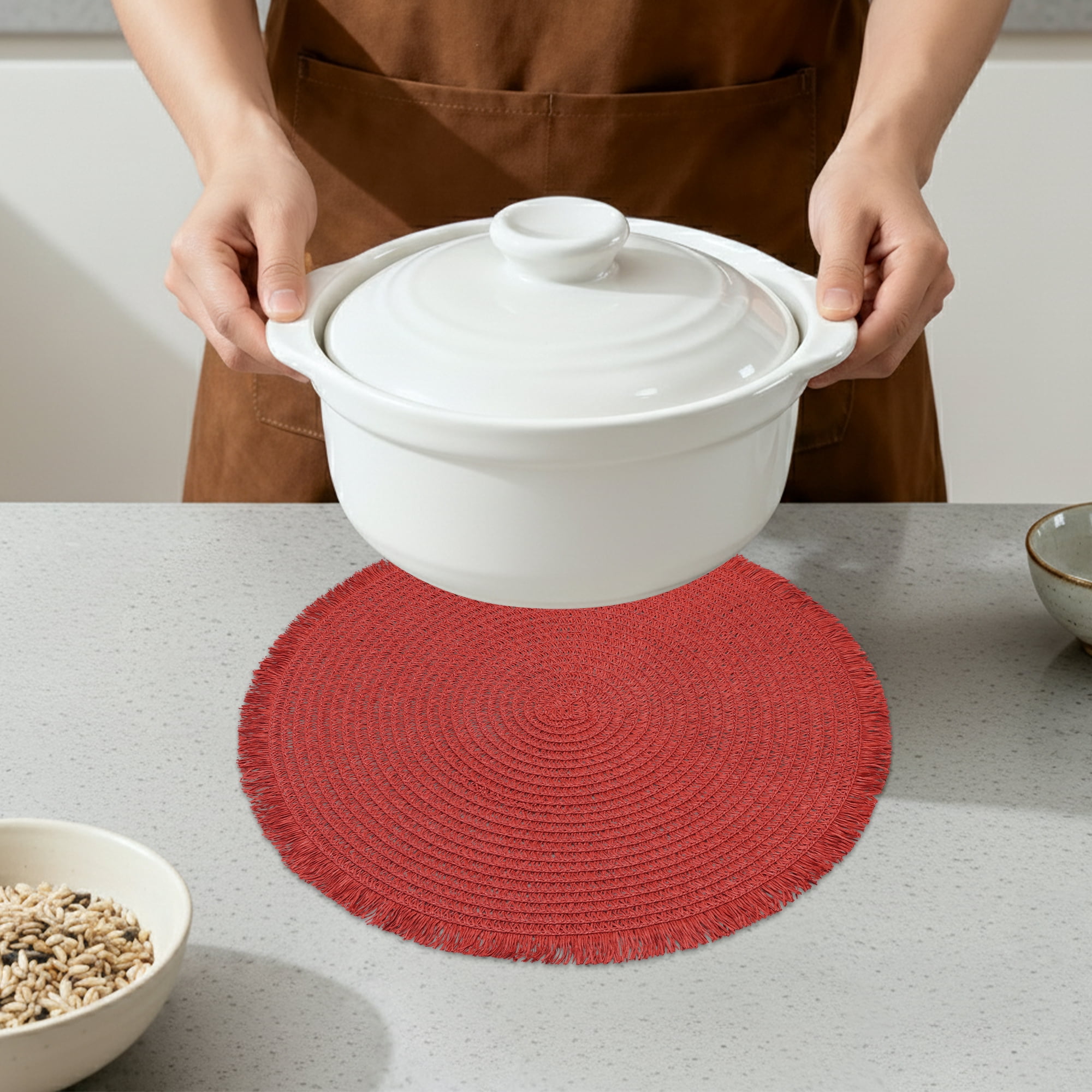 Unique Bargains Set of 6 Woven Placemats for Kitchen Use Dark Red 15x15inch