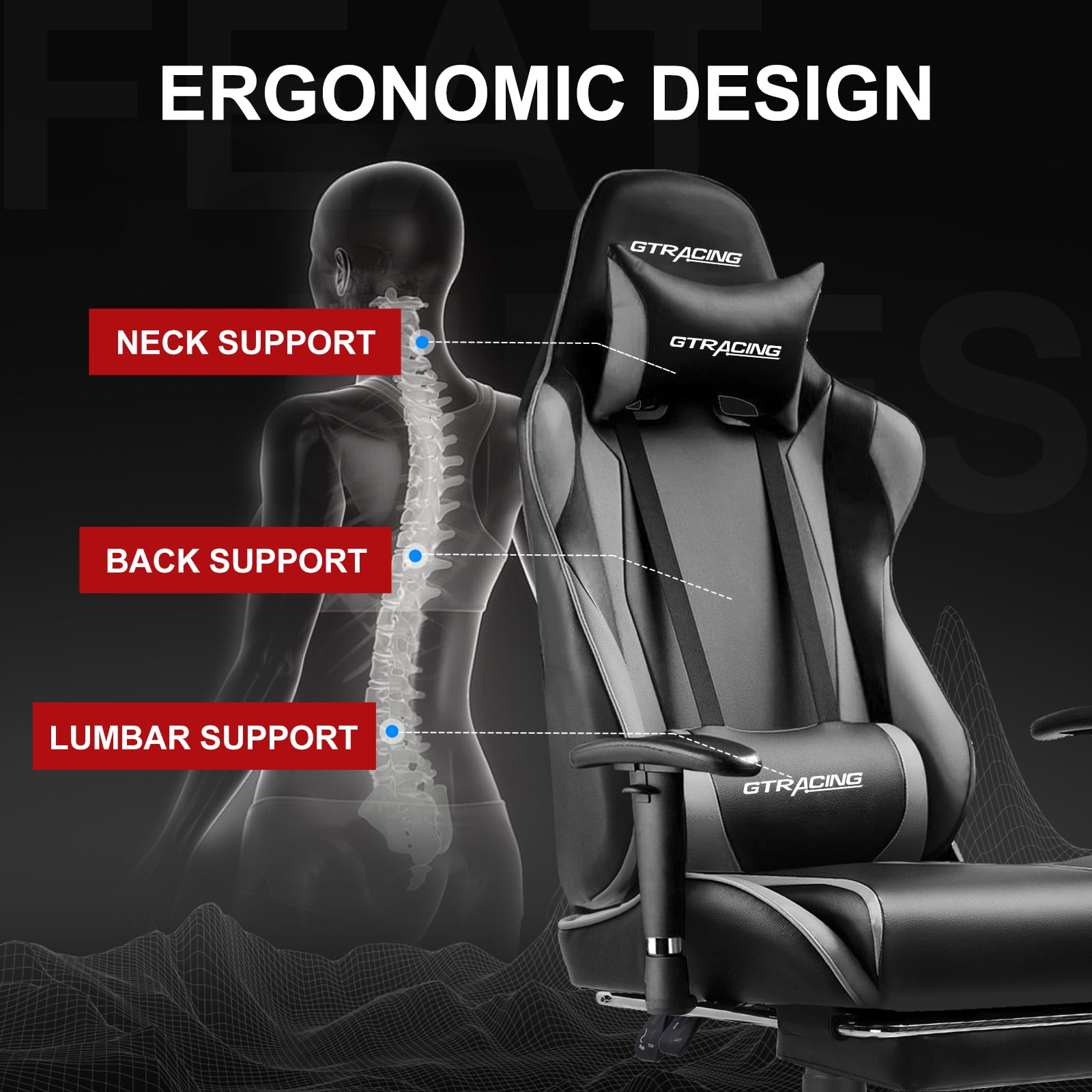 GTPLAYER Gaming Chair with Footrest PU Leather Office Chair with Adjustable Headrest, Gray