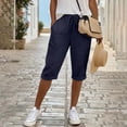 thumbnail image 2 of Likimi Womens Summer Pants Elastic Waist Drawstring Solid Color Lightweight With Pocket Knee-Length Comfort Trousers Navy Size M, 2 of 5