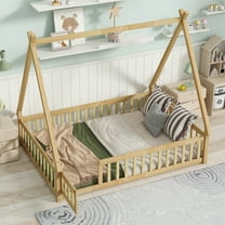 Miniyam Full Size Teepee Tent Floor Bed with Guardrails and Lockable Door, Wooden Montessori Bed with Slats for Kids Bedroom, Natural