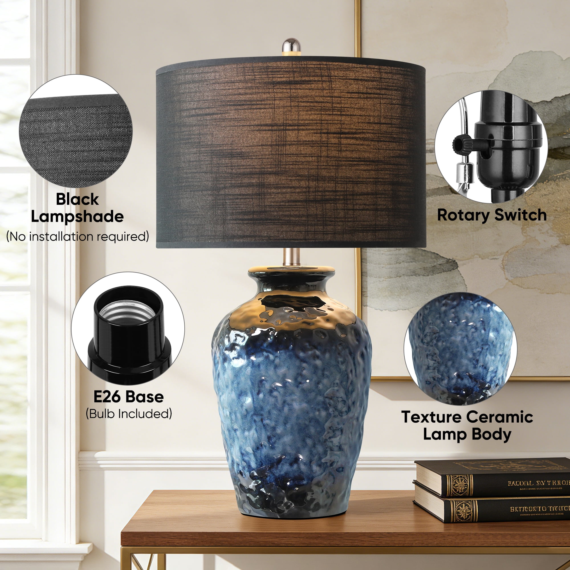26in Farmhouse Ceramic Table Lamp, Rustic Navy Blue Bedside Lamp with Black Linen Shade for Bedroom Living Room Office Nightstand