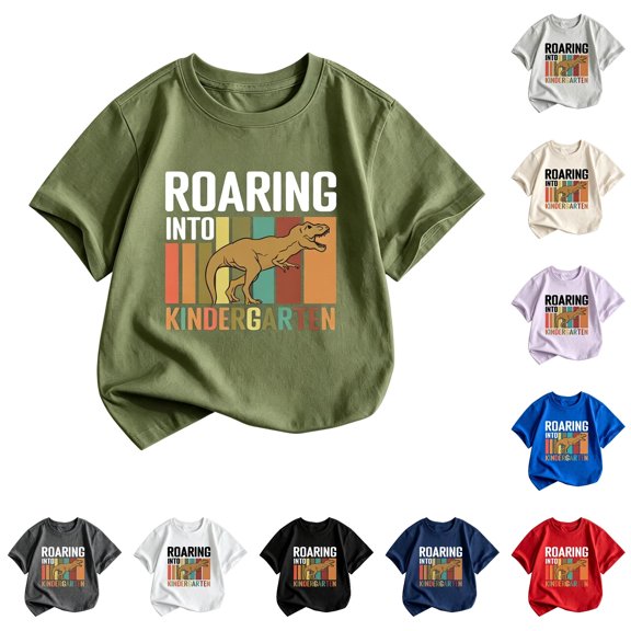 JCCXIN Little Boys First Day Of School Tees Kindergarten Dinosaur Cartoon Graphic Tops Stretch Short Sleeve Crew Neck Summer Soft Casual Everyday Clothes,Army Green,2-3 Years