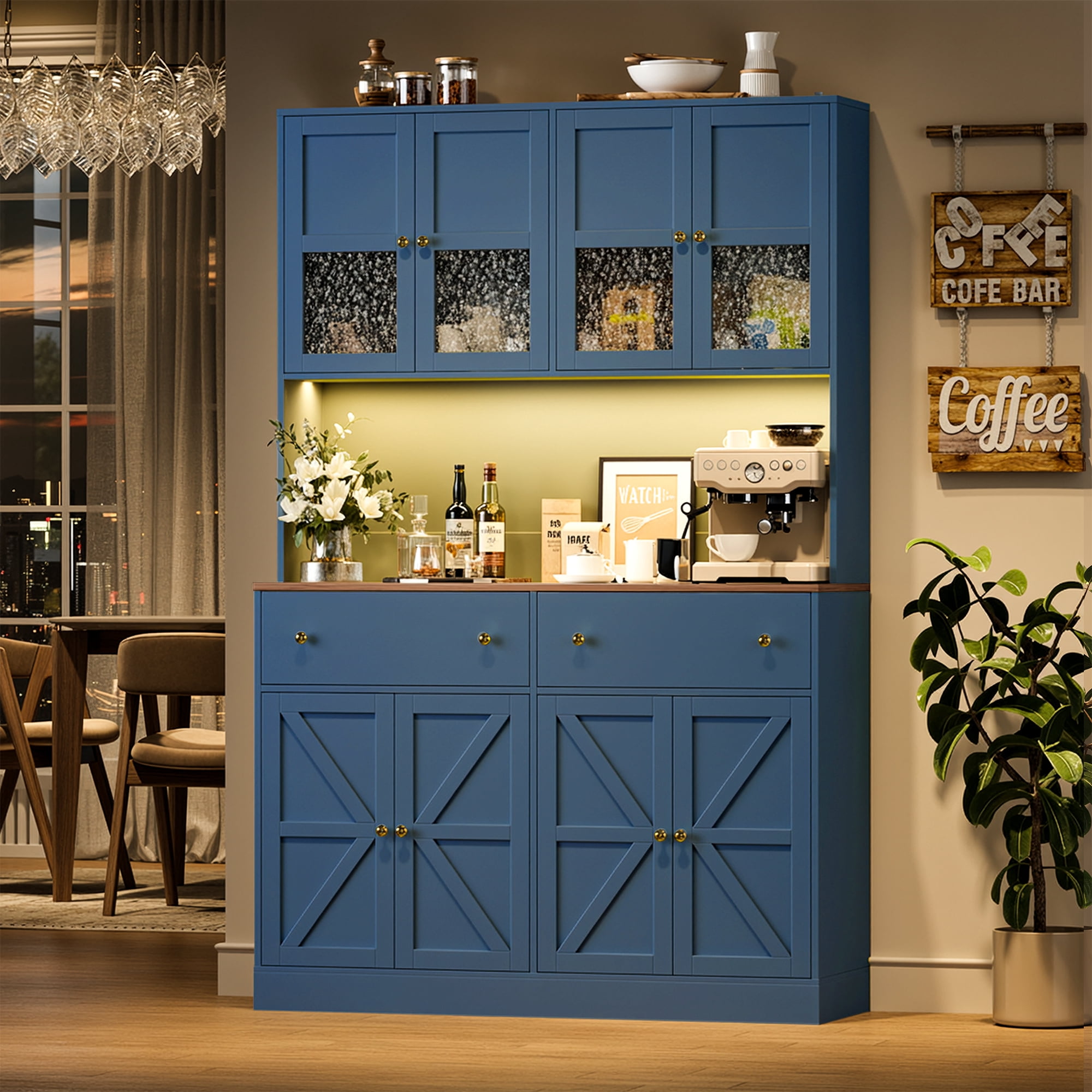 Homfa 8 Door Kitchen Pantry Cabinet with 2 Drawer, 71" LED Buffet Cabinet with & Charging Station & USB Port, Blue