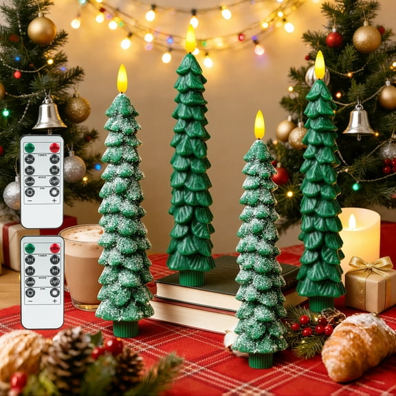 Giphtpoeet Christmas Tree Flameless Taper Candles with Remote 4 Pcs Real Wax Battery Operated LED Candles with 3D Flickering Wick
