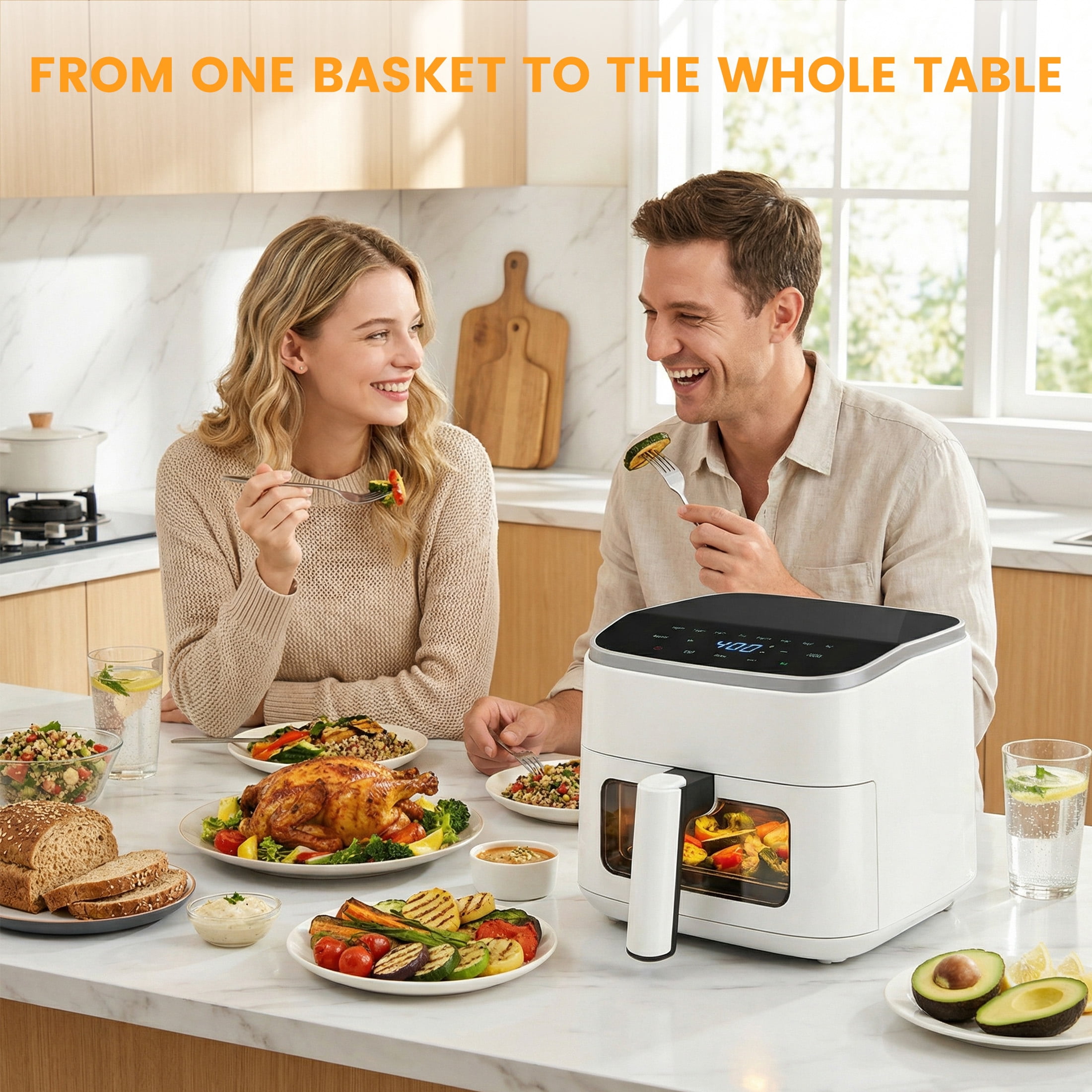 EDX 4QT Air Fryer, 1500W Digital Touchscreen with 8 Presets, Visible Window, Flip Reminder, Nonstick Dishwasher-Safe Basket, White