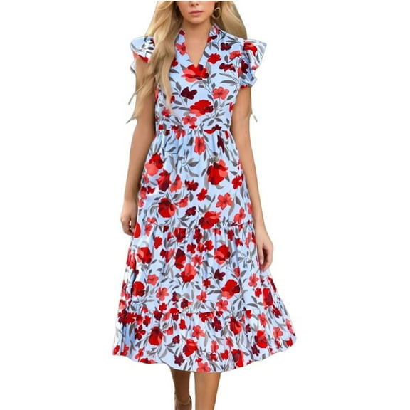 Women's 2025 Summer Floral Midi Dress Cap Sleeve V Neck Ruffle Tiered Flowy Casual Beach Vacation Boho Dresses