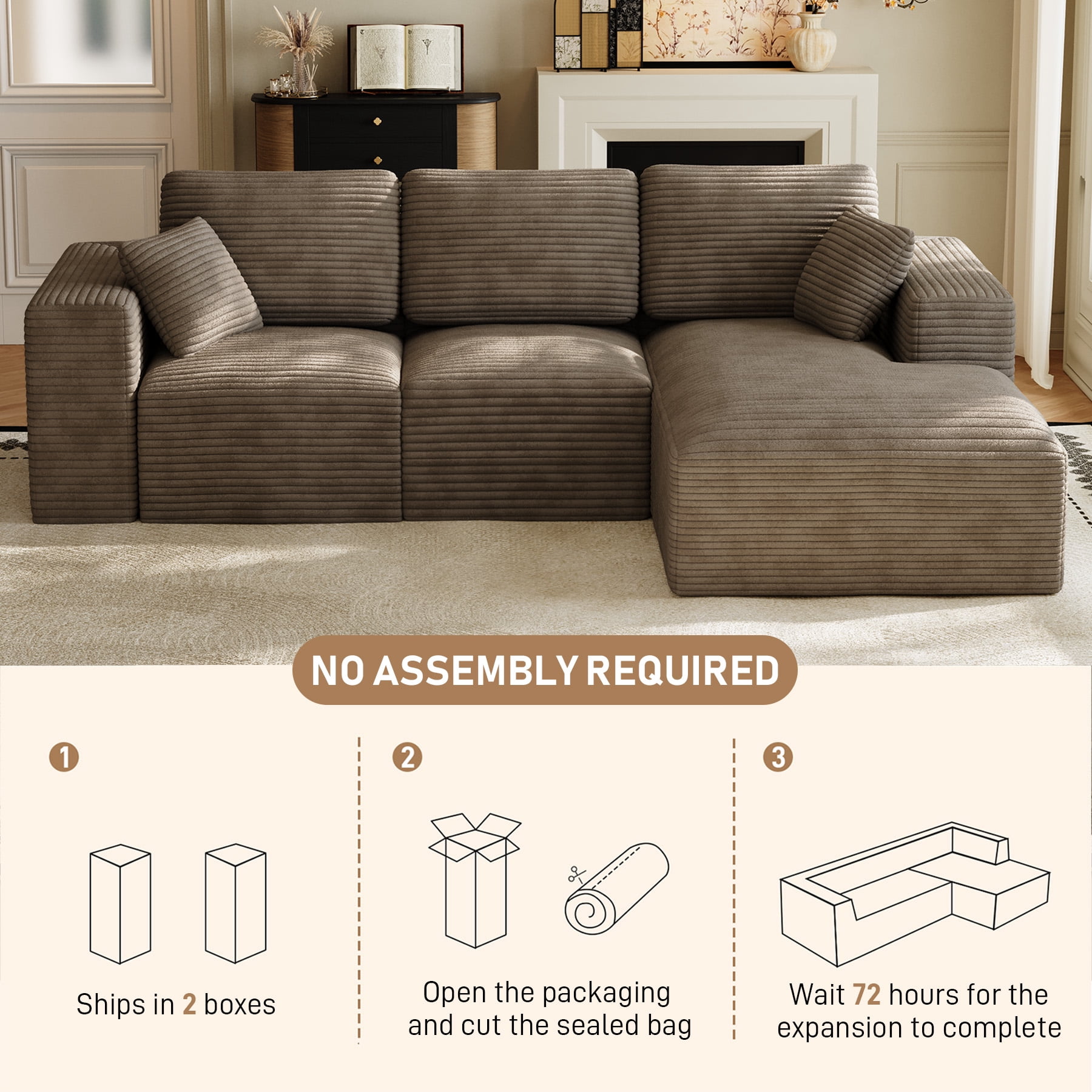 Wiilayok 109" Cloud Sectional Couch with L-Shape Chaise,Modern Modular Sofa with Deep Seat, Comfy Boneless Upholstered Couches for Living Room Bedroom,Light Brown