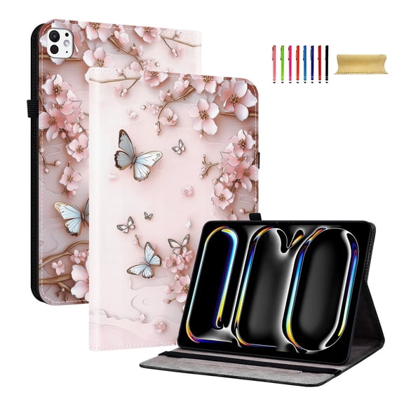 For iPad Pro 11 2022/2021/2020/2018 Case, iPad Air 11" M3 M2 2025 2024 Case, iPad Air 5 4 Case, PU Leather Flip Stand Cover with Cards Slots Pencil Holder Shockproof TPU Inner Case, Pink Butterfly