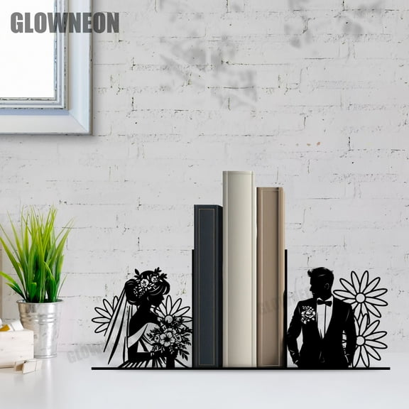 GLOWNEON Wedding Metal Bookend, Romantic Shelf Decor and Gift for Couples or Newlyweds