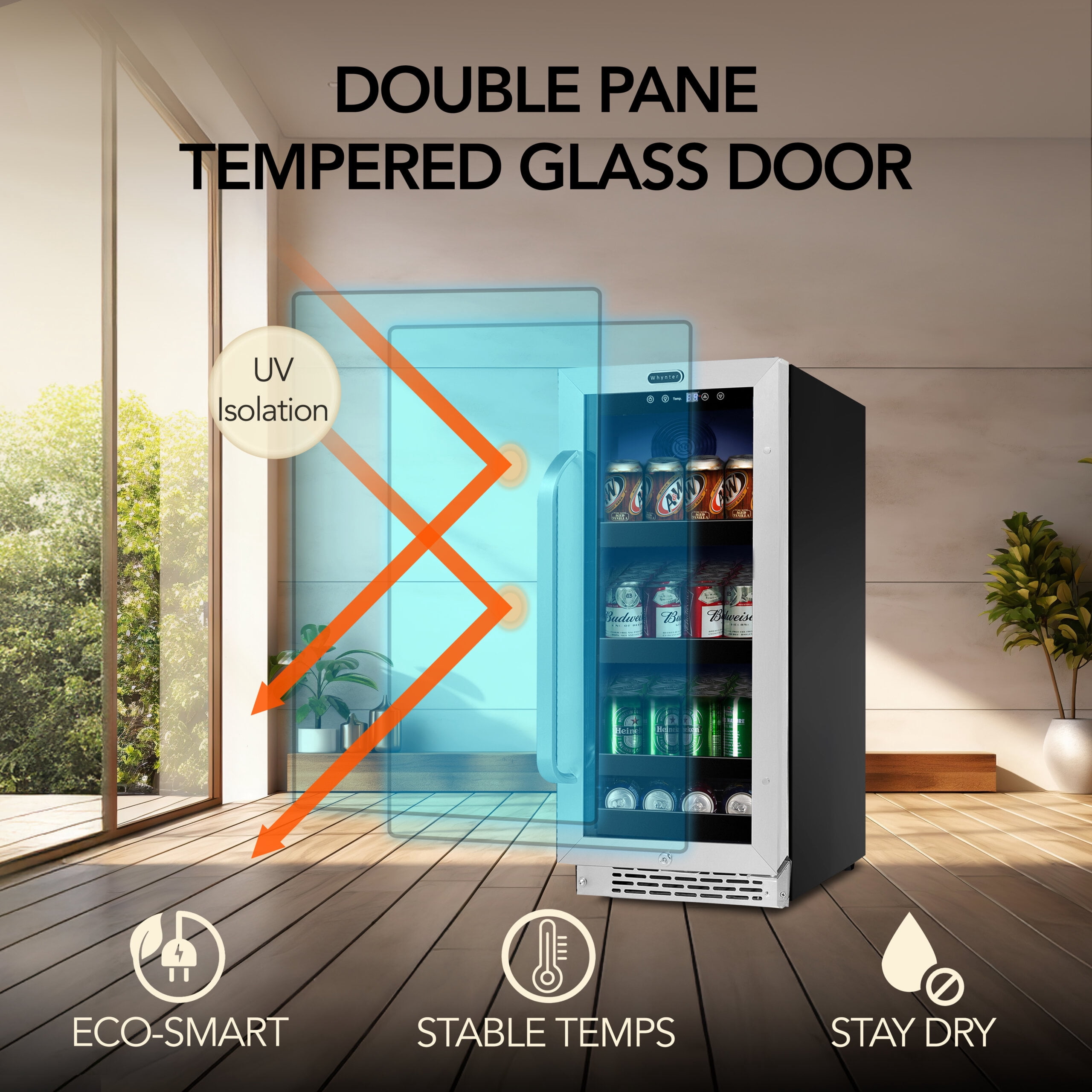 Whynter BBR-838SB 15 Inch Built-In 80-Can Beverage Refrigerator, Reversible Glass Door, Lock, Carbon Filter