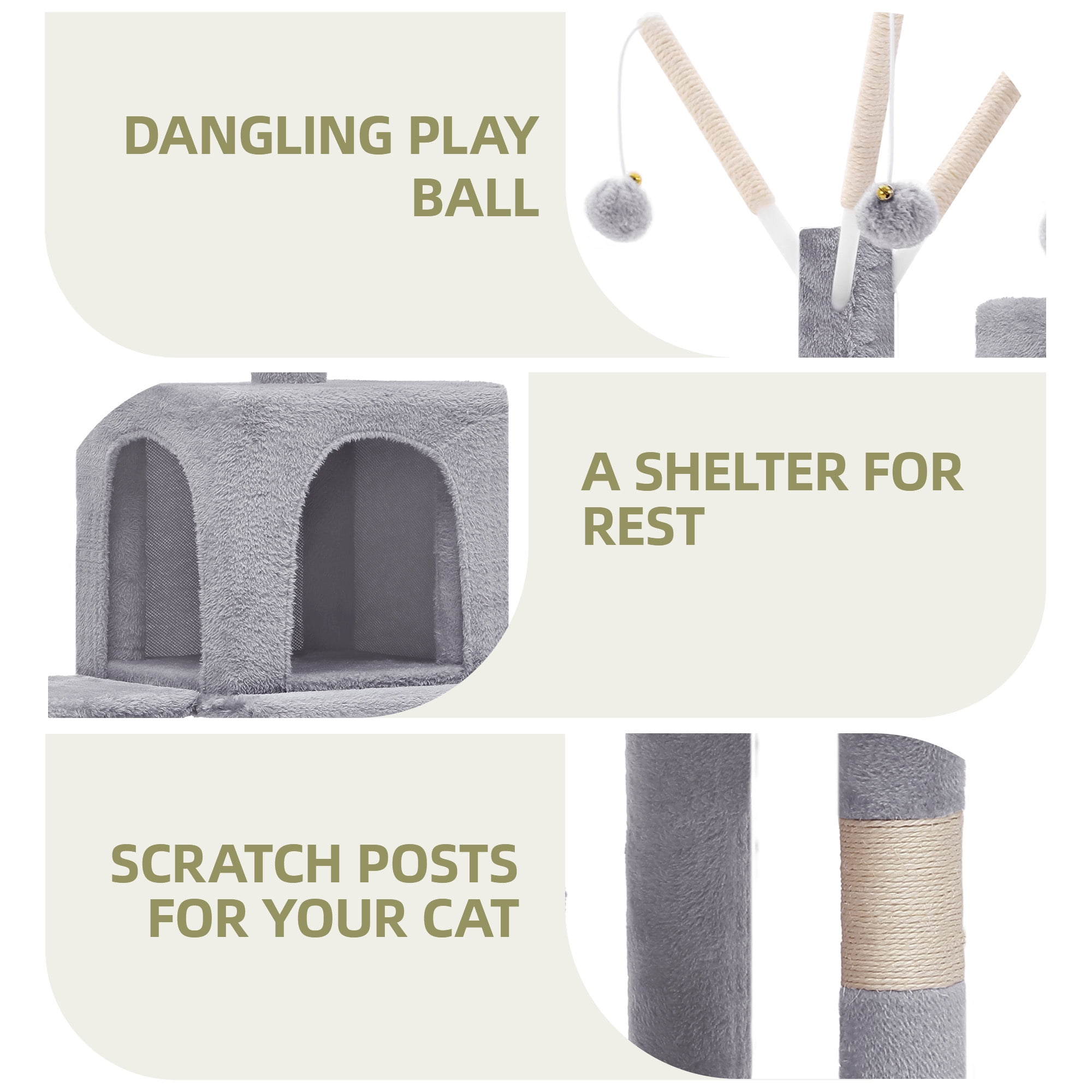 Uforic 44" Cat Tree Tower, with Scratch Posts, Condo, Hammock, Toys, Light Gray