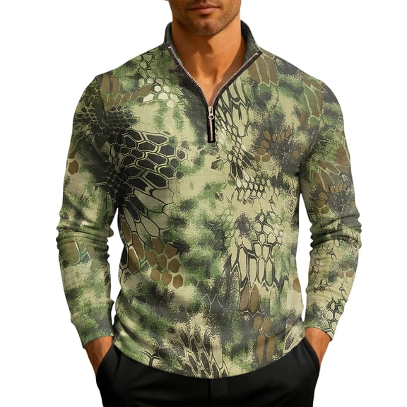QHRMKOG Men's Sweatshirt Warm Camouflage Print Quarter Zip Pullover Loose Fit Sport Stand Collar Sweatshirts Autumn Trendy Long Sleeve Tops Green 2XL