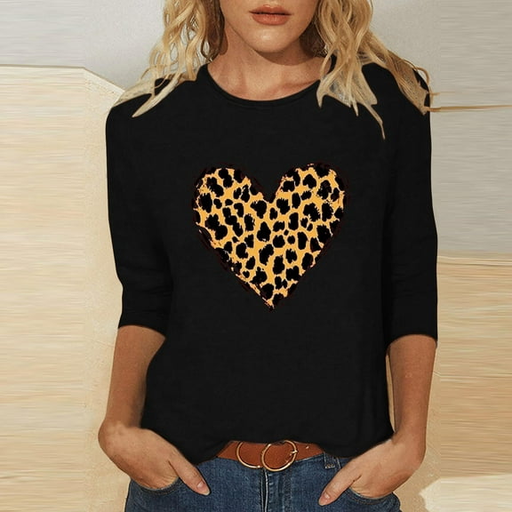 Qulqfy Womens Valentine's Day Tops Leopard Print Cute 3/4 Sleeve Plus Size Blouses Crew Neck Heart Print Dating Black Shirts for Women L