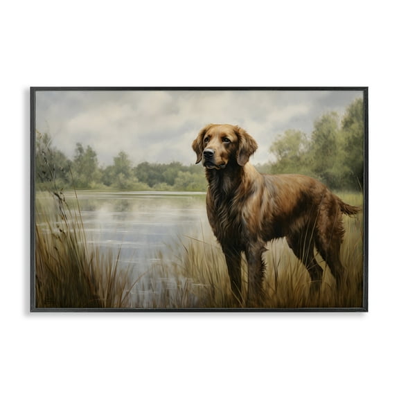 Stupell Industries Retriever Dog & Pond Landscape Painting Black Framed Art Print Wall Art, 18 x 12