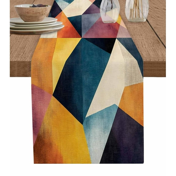 Orange Geometric Burlap Cotton Table Runner 13x60 Inches Long, Blue Abstract Vintage Color Block Farmhouse Table Runners, Outdoor Dining Tablecloths Decor for Baby Shower/Party/Wedding