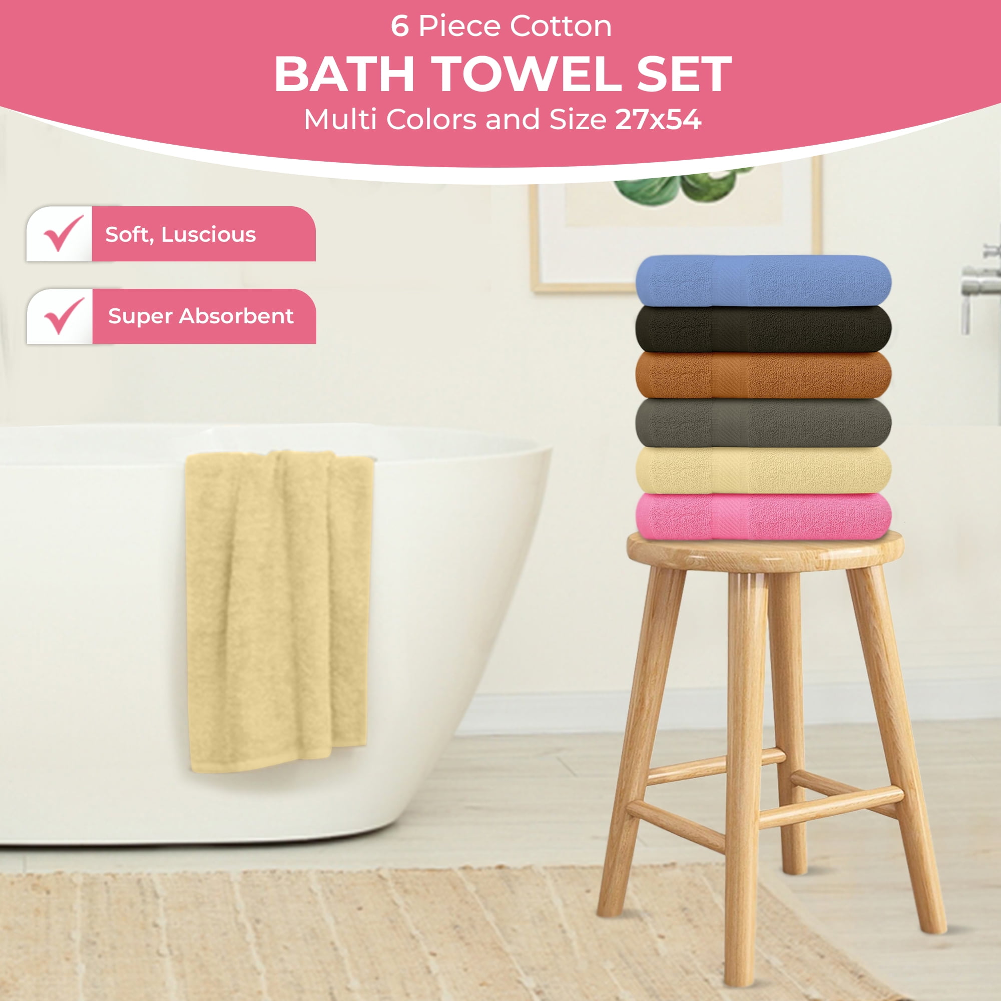 Cotton Bath Towel Set, 6 Pack, Multi-Color, 27 x 54 Inches for Bathroom, Spa and Gym Use