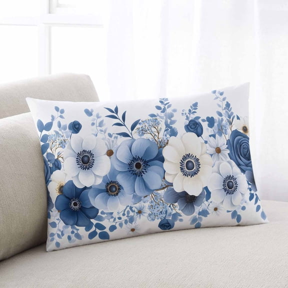 White Blue Floral Throw Pillow Cover, Pillowcase Protectors with Zipper, Breathable Decorative Lumbar Pillow Case Cover, Elegant Leaves Spring Flowers Pillow Shams for Couch Sofa 16x24Inch