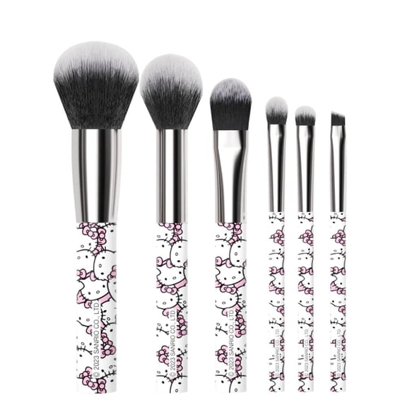 Impressions Vanity All over Hello Kitty Print 6 Pcs Makeup Brush Set, Super Cute Soft Brushes (White/Pink)