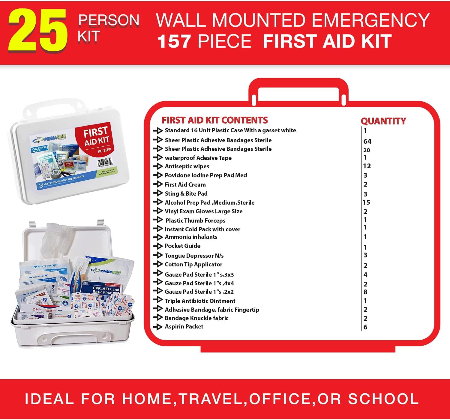 Primacare KC-25PM 25 Person Medium Emergency Preparedness First Aid Kit for Home, School and Office, Wall Mounted
