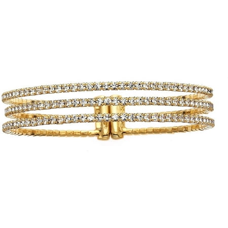 X & O Handset Austrian Crystal Yellow Gold-Plated 3-Row Gap Bangle, One Size