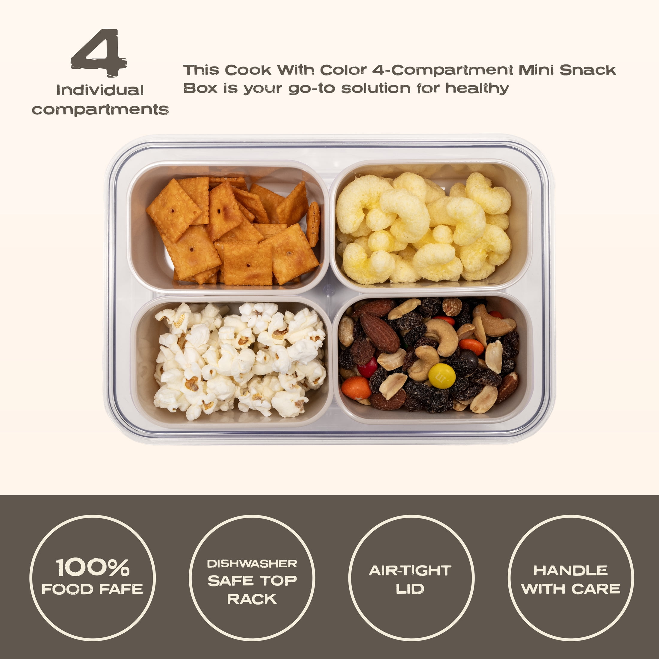 Cook with Color 4-Compartment Mini Snack Box Food Storage Carrier, Charcuterie Container with Ice Pack, Portable and Dishwasher Safe, Taupe