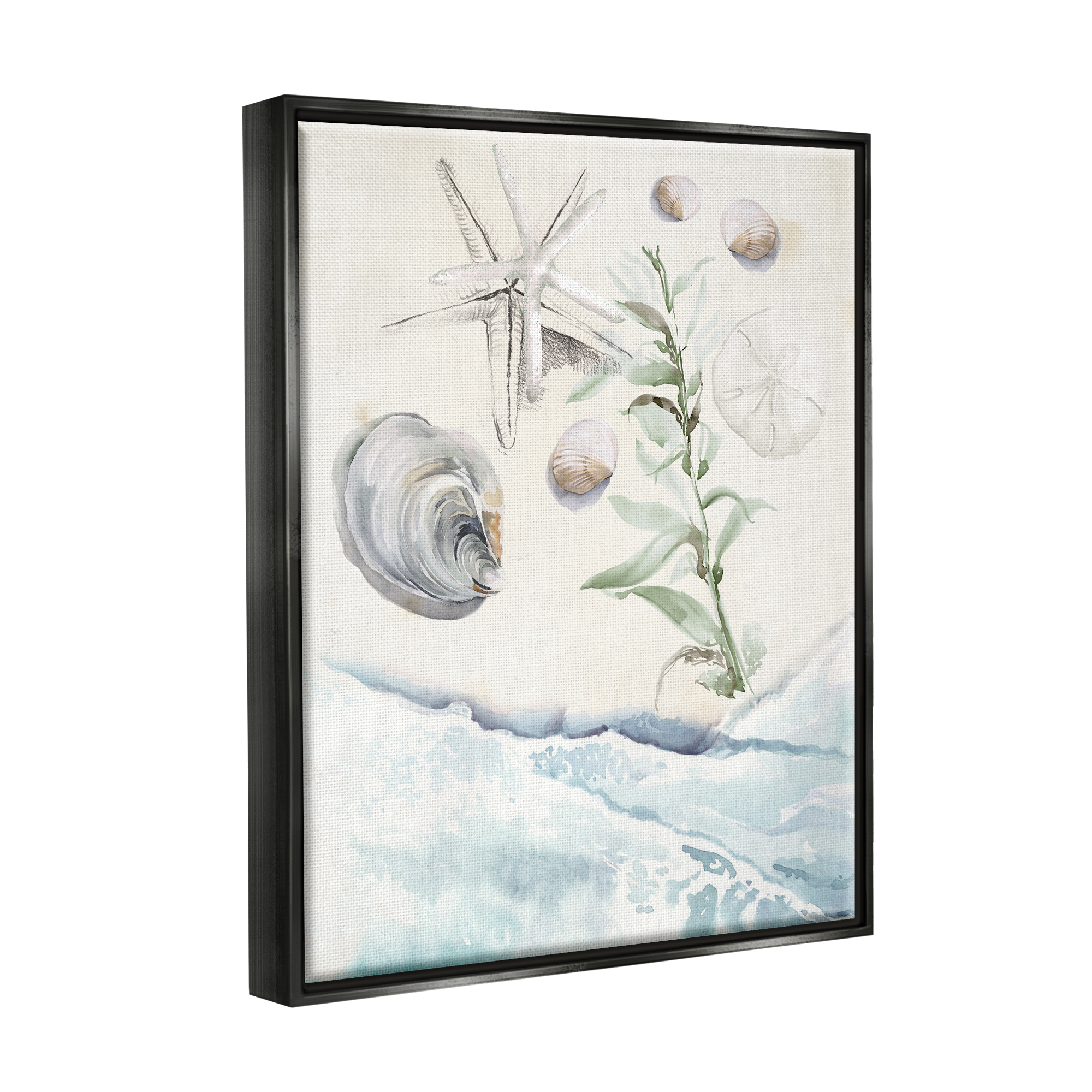 Stupell Starfish & Shells Lapping Beach Shore Landscape Painting Black Floater Framed Art Print Wall Art