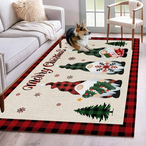 Christmas Gnomes Area Rug 3x5 Washable Rug Non Slip Red Black Plaid Xmas Tree Snowflake Rustic Large Area Rug Indoor Floor Carpet for Entryway Bedroom Kitchen Living Room Office Dining Room Nursery