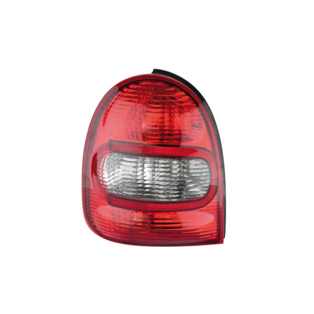 calavera depo chevrolet chevy 2001 - 2003 chofer calavera trasera DEPO para Chevy 2001-2003 3 puertas abombada lado izquierdo; vista frontal, carcasa roja con sección central transparente para luz de reversa y patrón de prismas, marco negro sobre fondo blanco. Su tamaño compacto la hace adecuada para reemplazo directo en portalamparas trasero.