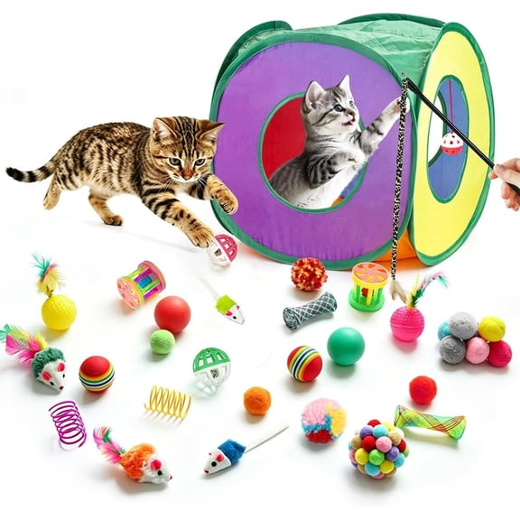 Retro Shaw Cat Toys for Indoor Cats, 24 Pack, Interactive Kitten Toys with Collapsible Kitty Tunnel Tent Feather Wand Springs Balls Bells Mouse Kitty Toys 15.7 Inches for All Breeds