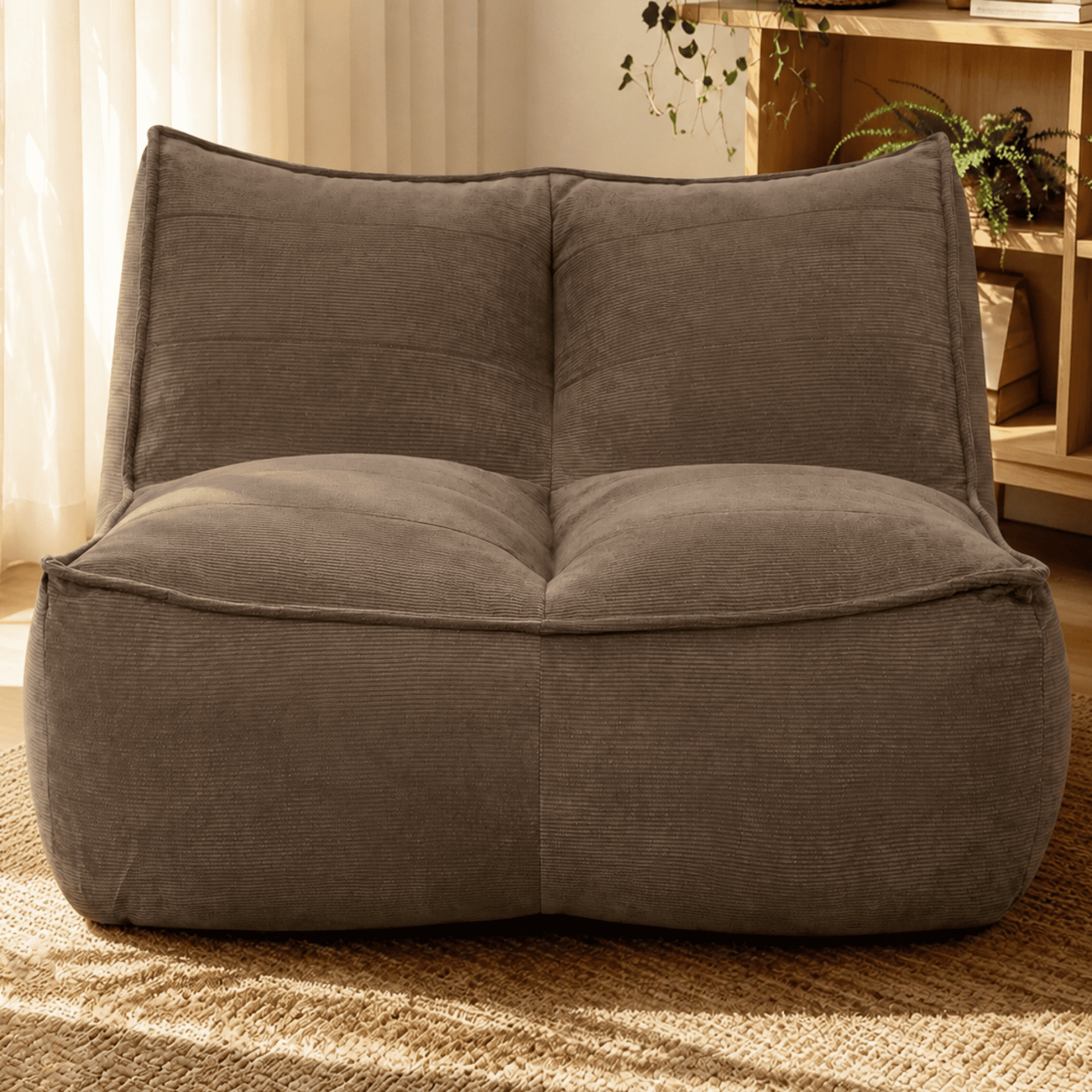 Leumius Cozy Fluffy Cloud Lazy Sofa, 2-Seater Corduroy Bean Bag Lounge Chair, Lightweight Single-Seat Couch for Living Room, Bedroom, Dorm Room, Office & Small Spaces,Brown