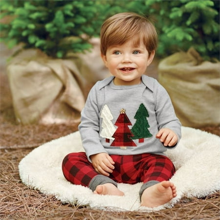 Kids Baby Boy Long Sleeve Christmas Clothes Set T-shirt+Plaid Pants 2PCS Outfits