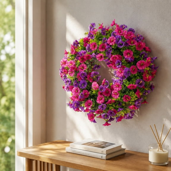 Homellea Summer Front Door Wreath with Artificial Eucalyptus Leaves and Flowers, Greenery Floral Wreath for Porch, Wall, Window, Farmhouse and Home Decor, Seasonal Home Decoration