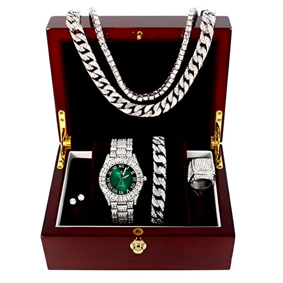 Fully Iced Mens Big Rocks Bezel Money Green Color Dial with Roman Numerals, Cuban Chain Bracelet, Cuban Necklace, Tennis Chain & Ring - ST10327CRNT (10, Silver - Money Green)