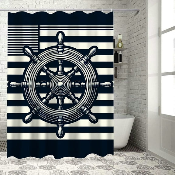 JRXY Summer Costal Navy Blue White and Gray Stripe Helm Anchor Boat Star Shower Curtain White