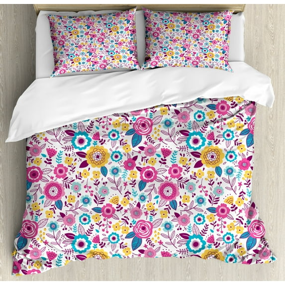Floral Duvet Cover Set Queen Size, Wild Meadow Flowers in Blossom and Leaves with Colorful Ornamental Art, Decorative 3 Piece Bedding Set with 2 Pillow Shams, Multicolor, by Ambesonne