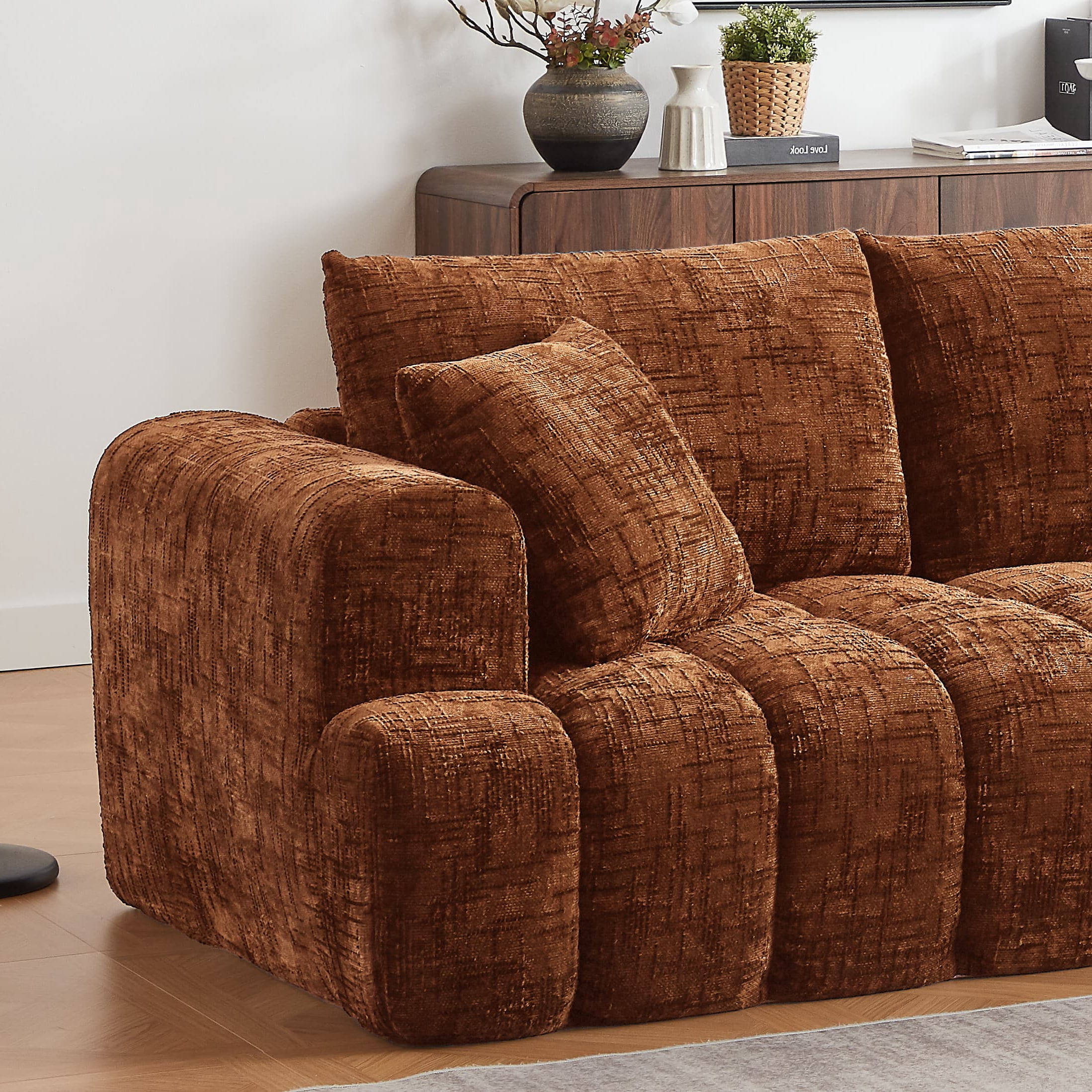 MAYEERTY 108.3" Orange Chenille L-Shaped Modular Sectional Sofa, Pocket Spring No Assembly Couch for Living Room Apartment