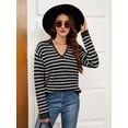 thumbnail image 2 of Womens Sweaters 2025 V Neck Long Sleeve Striped Tops Fall Winter Comfy Knit Clothes Pullover Sweater Black & White XL, 2 of 7