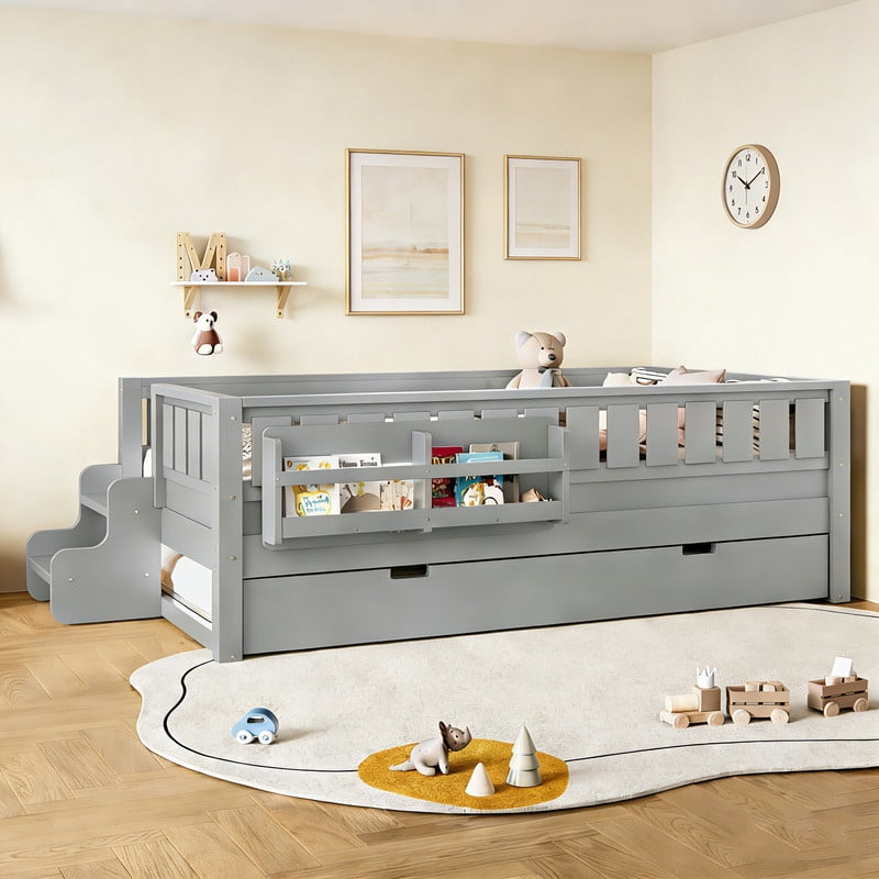 Bellemave Twin Bed with Trundle and Small Stairs, Twin Size Platform Bed Frame with Rail and Bookshelf, Wooden Montessori Floor Bed No Box Spring Needed, Gray