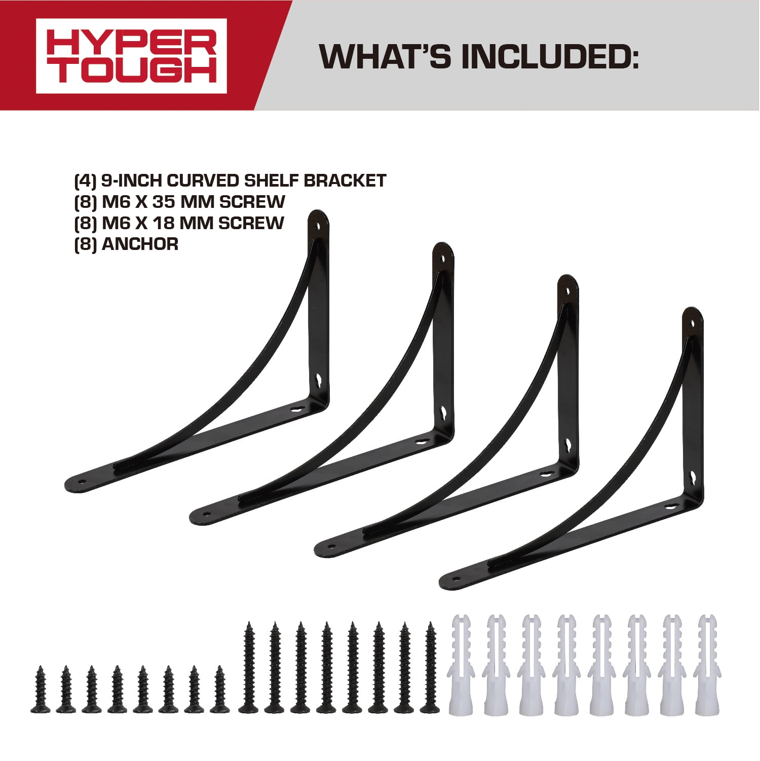 Hyper Tough 9" X 6.5" Curved Shelf Bracket, Black, 4-Pack