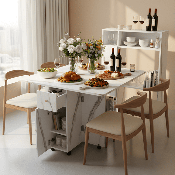 SESSLIFE Extendable Drop Leaf Table for Small Space, Functional Kitchen Table with Storage Shelf and Wheels, Compact Family Table for 4-6 People, White