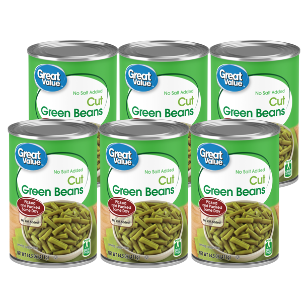 (6 Cans) Great Value Canned No Salt Cut Green Beans 14.5 oz