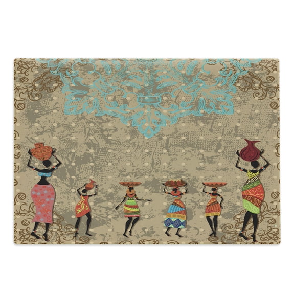African Cutting Board, Vintage Girls Pots on the Head on Folkloric Boho Background Illustration, Decorative Tempered Glass Cutting and Serving Board, Large Size, Seafoam Cocoa, by Ambesonne
