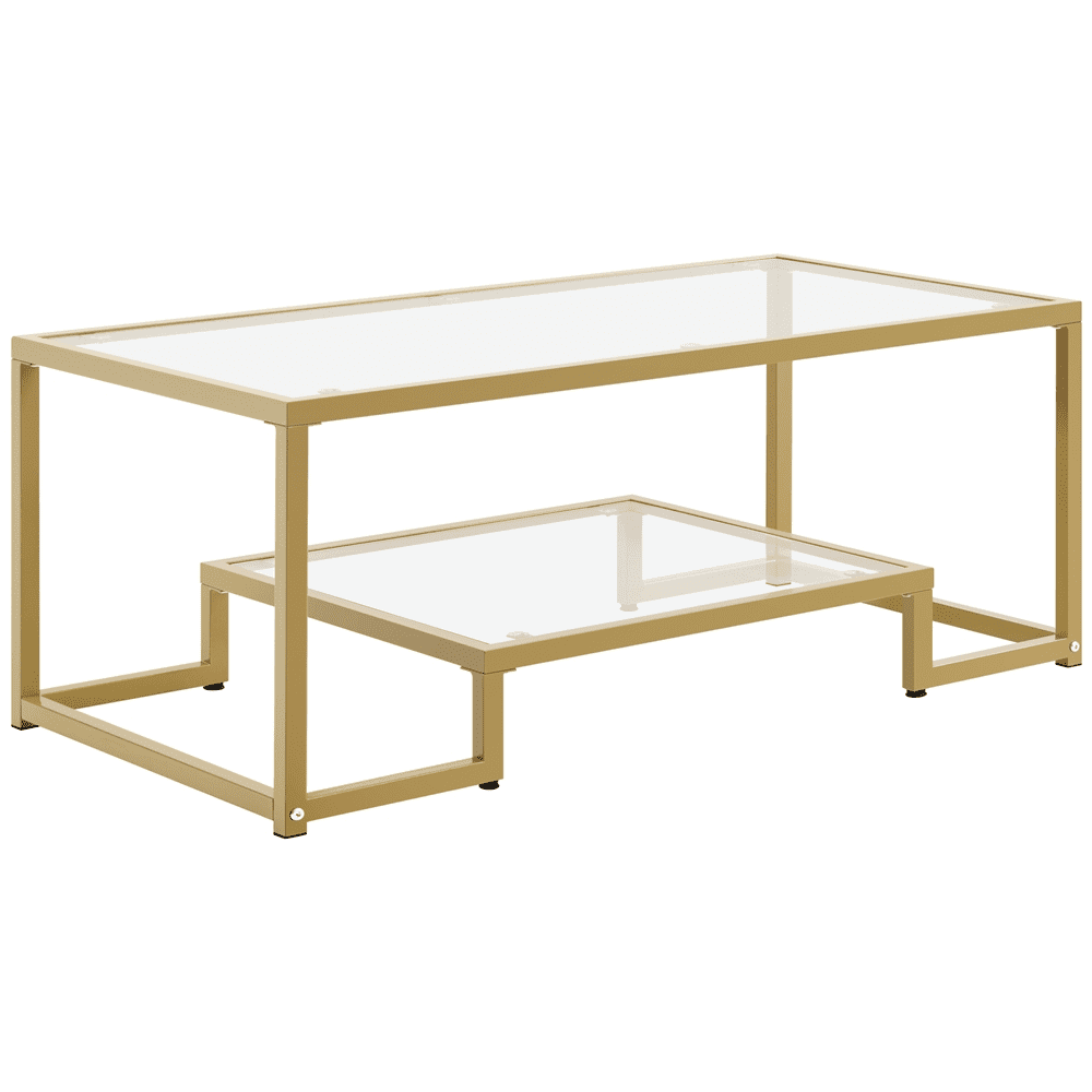 Yaheetech 2-Tier Modern Tempered Glass Coffee Table with Metal Frame for Living Room, Gold