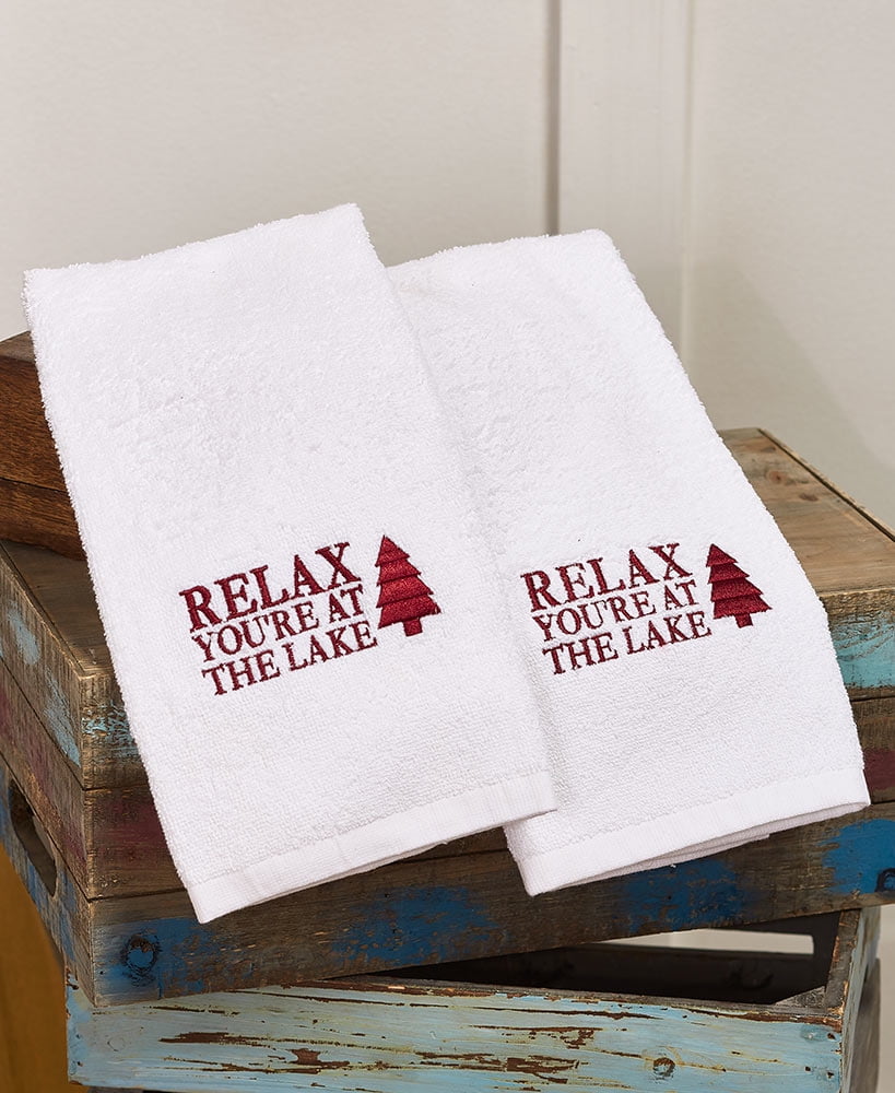 Cabin Lodge White Hand Towels Relax, You're at the Lake Set of 2