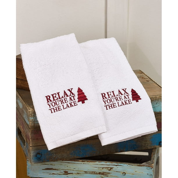 Cabin Lodge White Hand Towels Relax, You're at the Lake Set of 2