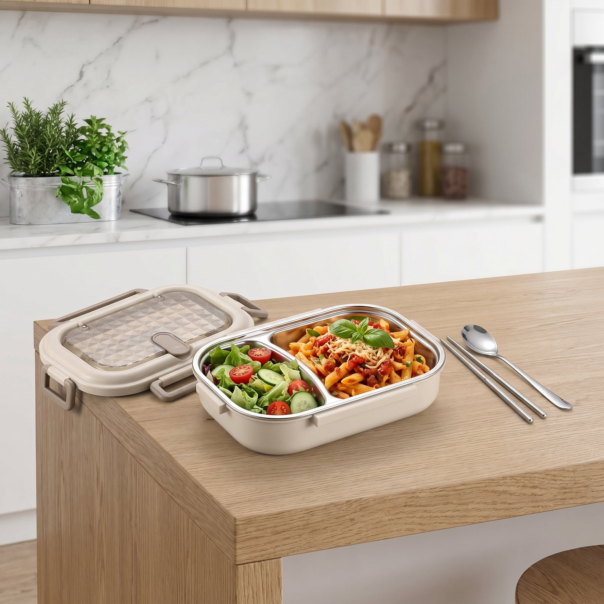 Unique Bargains Leak-Proof Meal Lunch Bento Box with Stainless Steel Light Brown-1