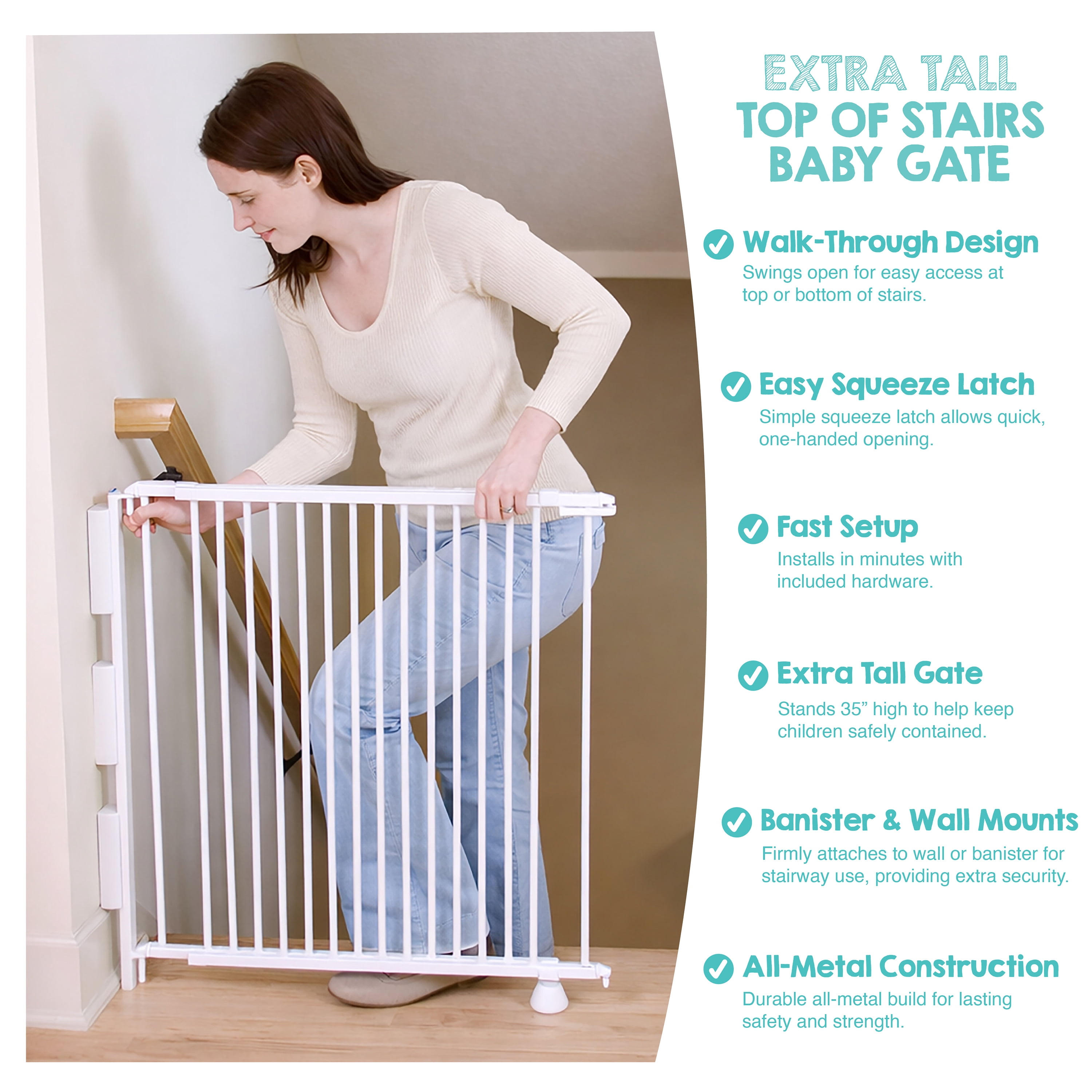 Regalo Extra Tall and Wide 2-in-1 Stairway and Hallway Baby Gate, White