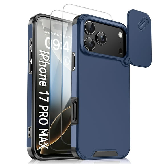 Allytechgroup Rugged Phone Case for Apple iPhone 17 Pro Max with 2 Pcs Screen Protector, Sliding Camera Lens Cover Military Grade Shockproof Anti-Scratch Bumper Cover for Women Men, Blue
